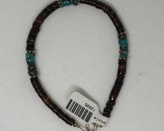 Native American Turquoise and Wood Heishi Beaded Bracelet with Sterling Silver Clasp