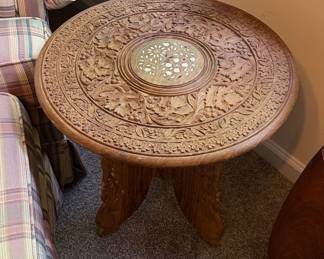 Vintage Anglo-Indian Carved Wood Folding Side Table with Mother of Pearl Inlay