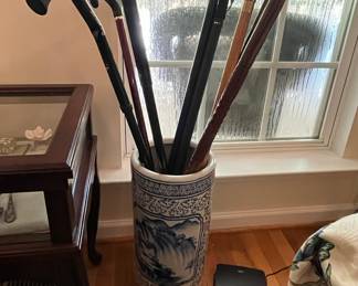 Collection of Antique and Vintage Walking Canes with Porcelain Stand