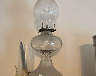 Victorian Etched Glass Oil Lamp with Floral Motifs