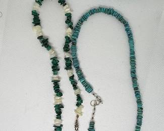 Turquoise and Malachite Chip Bead Necklace with Shell Accents
