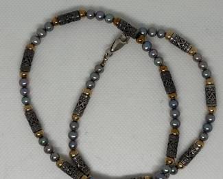Sterling Silver and Gold Tone Beaded Necklace with Grey Pearls