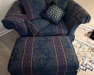Antique Queen Anne Style Green Brocade Armchair With Ottoman