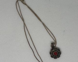 Sterling Silver Marcasite and Garnet Flower Pendant Necklace