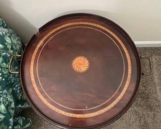 Round Mahogany Serving Tray Table with Inlay and Brass Handles