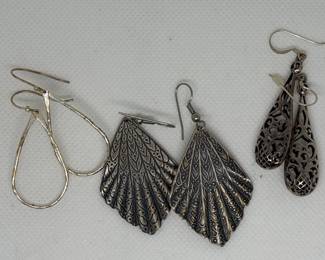 Lot of Three Pairs of Earrings: Teardrop, Fan, and Filigree Dangle