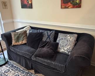 Dark Blue Velvet Upholstered Sofa with Skirted Base