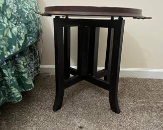 Round Mahogany Serving Tray Table with Inlay and Brass Handles