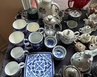 Assorted Blue and White Teapots, Mugs, and Square Plate