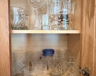 Assorted Glassware Collection including Cut Crystal, Pressed Glass Tumblers, and Novelty Shot Glasses