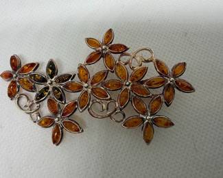 Baltic Amber and Sterling Silver Floral Brooch