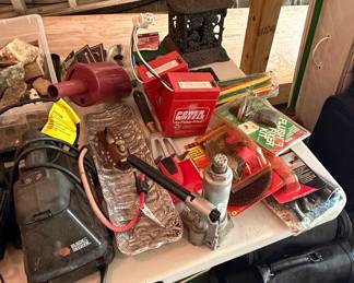 Assorted Tools, Power Wheels Batteries, and Decorative Lantern