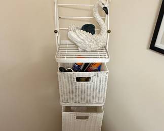 White Wicker and Metal Shelf Unit with Swan Figurine