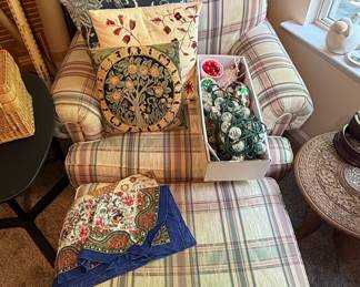 William Morris Inspired Plaid Armchair and Ottoman Set