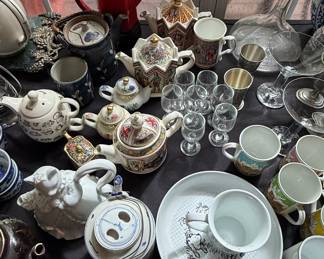 Assorted Ceramic Teapots, Mugs, and Glassware Collection including Capodimonte and Harrods