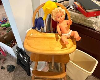 Vintage Wooden Doll High Chair with Doll and Plush Toys
