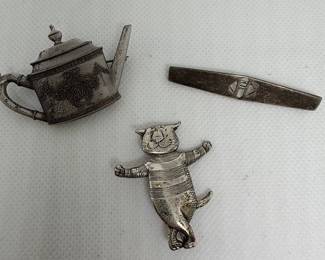 Set of Three Vintage Sterling Silver Novelty Brooches: Teapot, Cat, and Bar