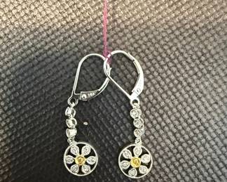 14k White and Yellow Gold Diamond Flower Dangle Earrings