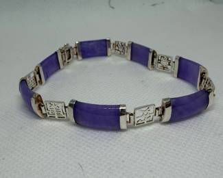 Sterling Silver and Lavender Jade Bracelet with Chinese Characters