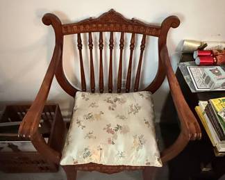 Antique Lyre Back Armchair with Floral Upholstery and Paw Feet