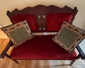 Victorian Eastlake Style Carved Mahogany Settee with Red Upholstery