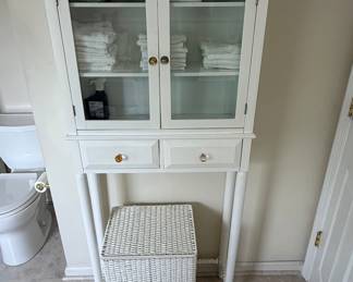 White Over-the-Toilet Storage Cabinet with Glass Doors and Drawers