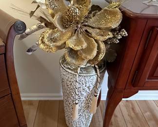 Glittered Gold Magnolia Floral Arrangement in Textured Vase