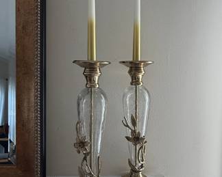 Pair of Glass and Brass Candlesticks with Floral Embellishments
