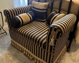 French Vintage Tufted Parlor Sofa in Striped Velvet & Fringe