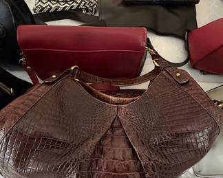 Brown Alligator Embossed Leather Shoulder Bag