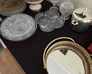 Assorted Glassware and Gold-Toned Vanity Tray