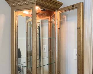 Vintage Gold-Tone Hexagonal Curio Cabinet with Glass Shelves and Interior Lighting