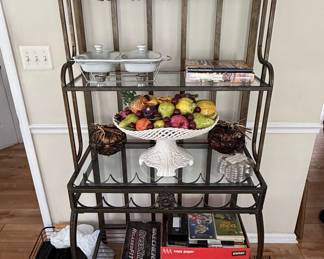 Ornate Bronze Finish Metal Baker's Rack with Glass Shelves and Wine Glass Holder