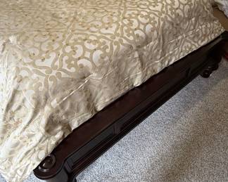 Dark Wood Sleigh Bed Frame with Ornate Footboard