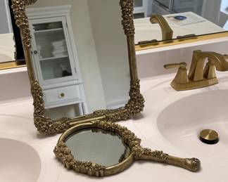 Ornate Floral Gilt Hand Mirror and Vanity Mirror Set