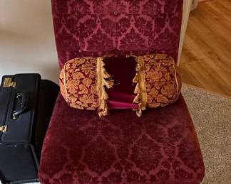 Victorian Style Tufted Accent Chair with Brocade Bolster Pillow