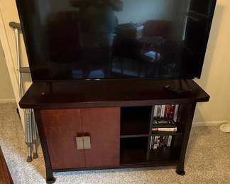 Modern Dark Wood Media Console with Cabinet and Shelving