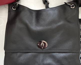 Black Leather Shoulder Bag with Turn-Lock Closure