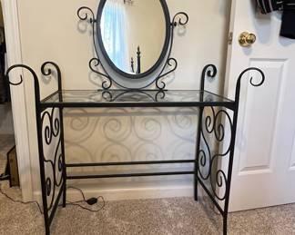 Wrought Iron Vanity Set with Oval Mirror and Stool