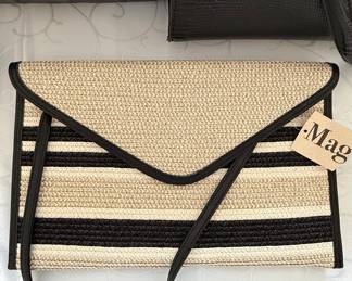 Striped Straw Envelope Clutch/Shoulder Bag with Faux Leather Trim
