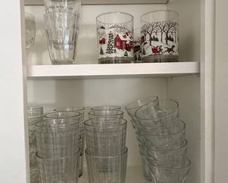 Set of Vintage Culver Christmas Potpourri Tumblers and Pasabahce Block Optic Glasses