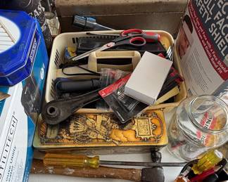 Vintage Metal Toolbox with Assorted Tools and Collectibles