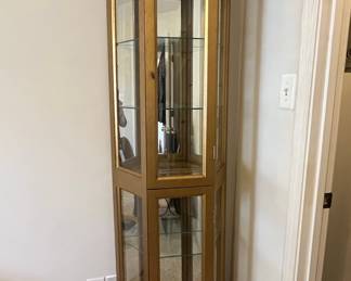 Vintage Gold-Tone Hexagonal Curio Cabinet with Glass Shelves and Interior Lighting