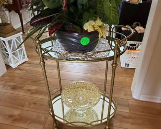 Hollywood Regency Brass and Mirrored Tiered Bar Cart