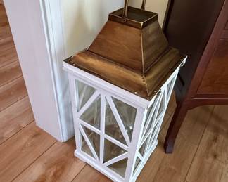 White Wood and Bronze Geometric Lattice Lantern