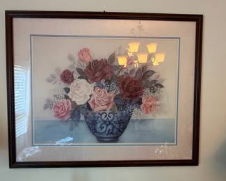 Floral Still Life Print with Roses in Blue and White Vase by L. Chang