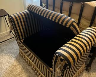 French Vintage Tufted Parlor Sofa in Striped Velvet & Fringe