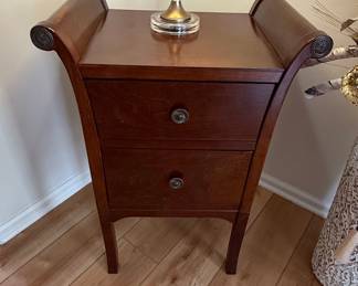 Mahogany Two-Drawer Nightstand with Scroll Arms and Carved Medallions