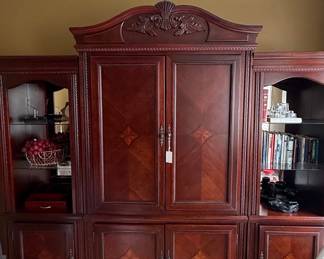 Mahogany Entertainment Center with Inlaid Wood Detail and Pediment