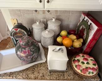 Decorative Ceramic Jar with Lid, White Canisters, and Novelty Mini-Jukebox